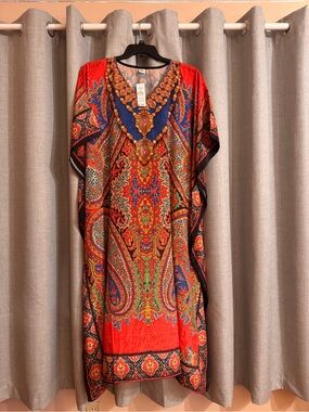 Vibrant Red Paisley Caftan with Multicolor Accents NWT